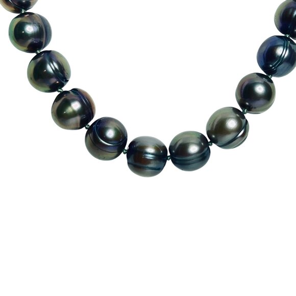 Peacock Green Baroque Pearl Necklace With 14k Gold Clasp (6025) - Picture 4 of 11